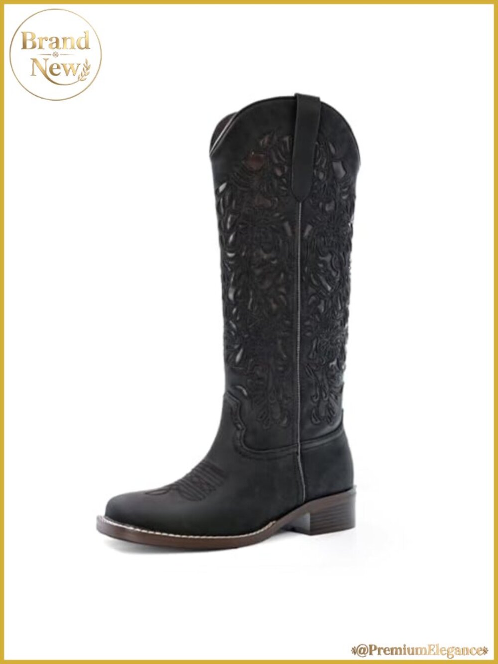 Cowgirl Boots Low Block Heel Pull On Square Toe Floral Embroidered